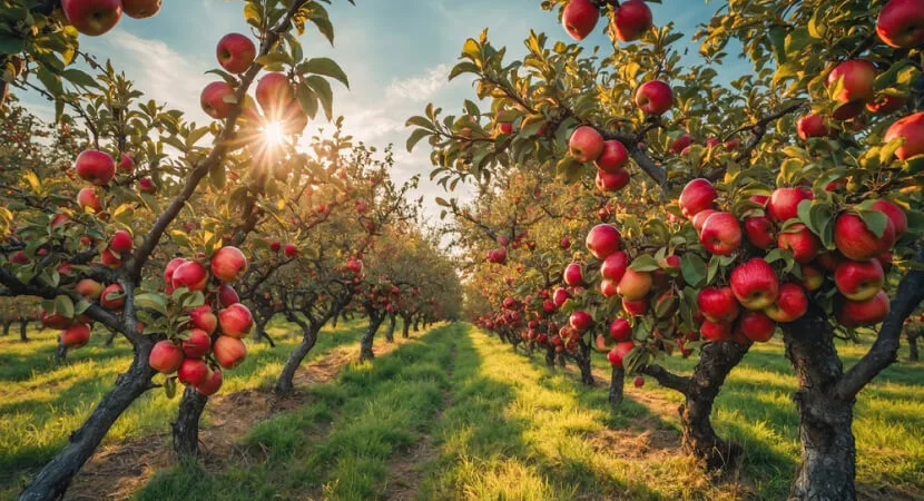 Apple Orchard at Sunset with Ripe Red Apples on Trees